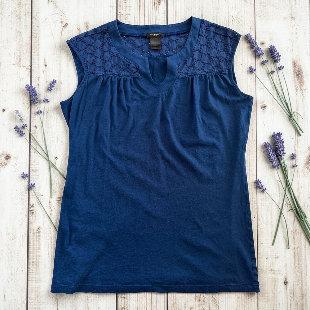Eyelet Lace Yoke Sleeveless Knit Top Split Neck Blue Womens Medium Ann Taylor